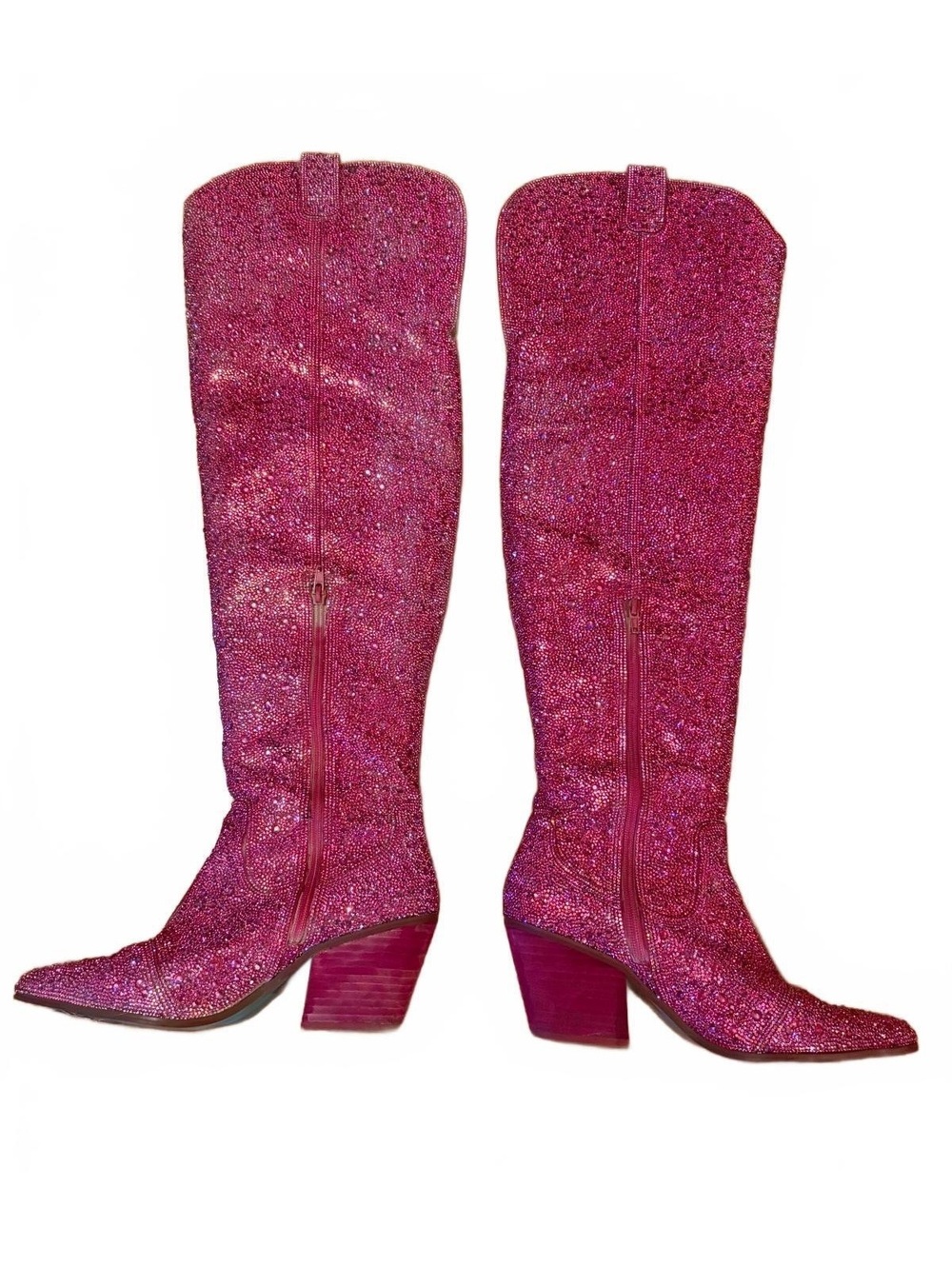 Pink Crystal Knee-High Boots with Block Heels